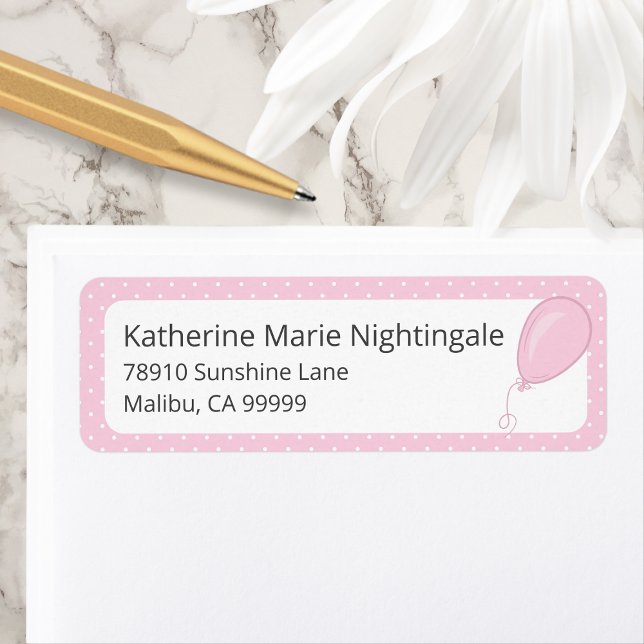 Flicka Baby Shower Rosa Polka Dot Adress Returadress Etikett (Pink Polka Dot Baby Girl Baby Shower Return Address Label with Balloon.)