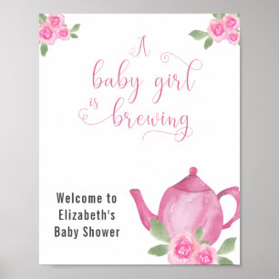 Flicka Baby Shower Rosa tekanna och blommor Välkom Poster
