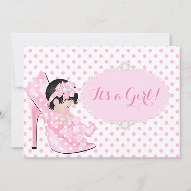 Flicka Baby Shower Rosa White Polka dots C Inbjudningar (Framsida)