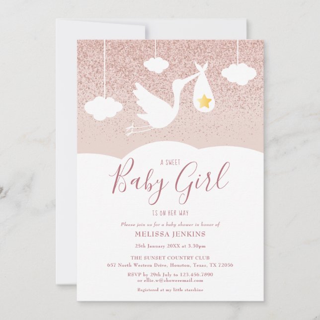 Flicka Baby Shower Stork Ro Guld Glitter Inbjudningar (Framsida)
