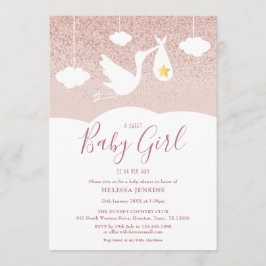 Flicka Baby Shower Stork Ro Guld Glitter Inbjudningar