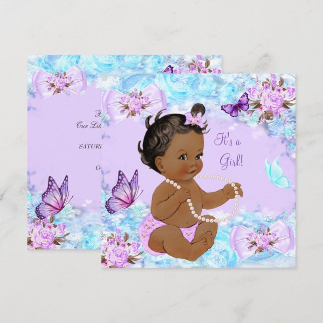 Flicka Baby Shower Teal Lila Fjäril Etnisk Inbjudningar (Fram/baksida)