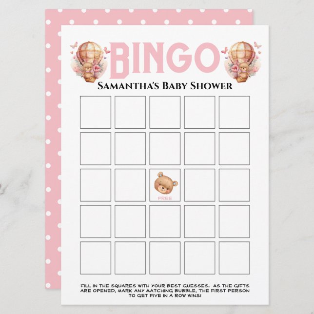 Flicka Baby Shower Teddy Ballong Rosa Bingo  Inbjudningar (Fram/baksida)