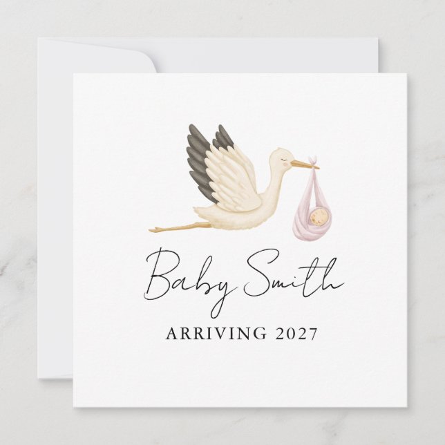Flicka Baby Vattenfärg Stork Förkunnande År (Framsida)