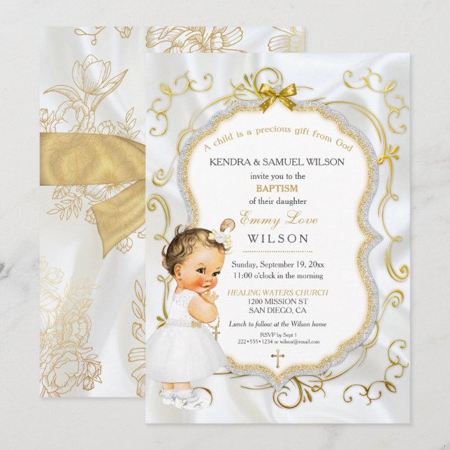 Flicka-baptism: Christening Guld Kor Glitter Inbjudningar (Fram/baksida)