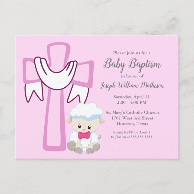 Flicka Baptism Little Lamb Cute Rosa Investigation Vykort (Framsida)