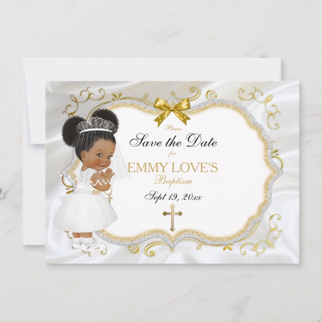 Flicka Baptism Spara Vit Guld Kor Spara Datumet (Framsida)