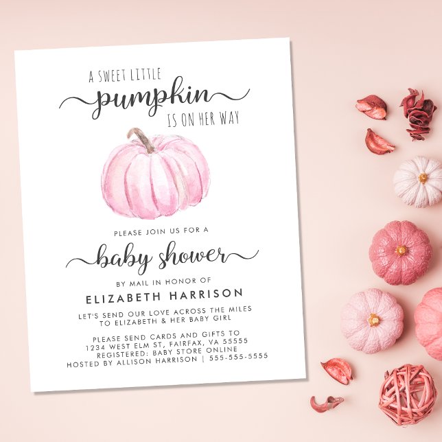 Flicka Barnkalas Per Post Pink Pumpa Inbjudan (Celebrate the upcoming arrival of your little autumn baby with a pumpkin-themed baby shower by mail)
