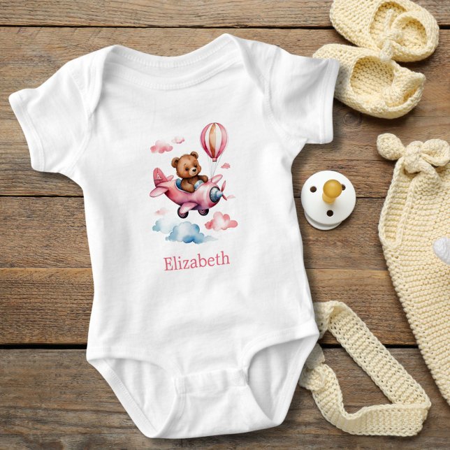 Flicka Bear Flies Airplan Baby Gift T Shirt (Girl Bear flying an Airplane personalized baby girl body suit. Baby shower gift. New baby girl gift)