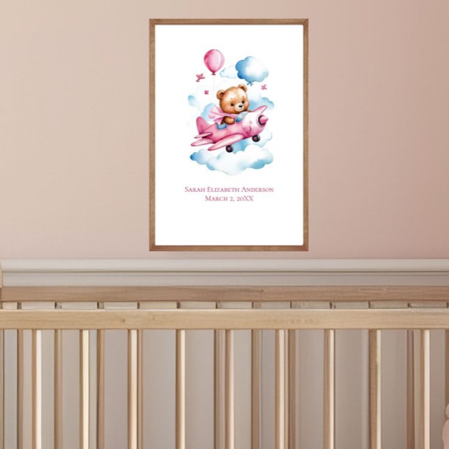 Flicka Bear Flies Airplan Nursery Wall Art Poster (Baby Girl Bear Flying Airplane Nursery Wall Art, Personalize it with name, birth stats)