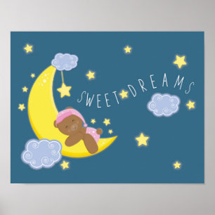 Flicka Bear Måne Celestial Stars Nursery Skriv ut Poster