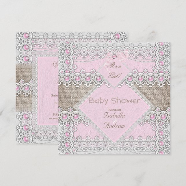Flicka Bebis Badrum Rosa Pärla Bow Lace Burlap 3 Inbjudningar (Fram/baksida)