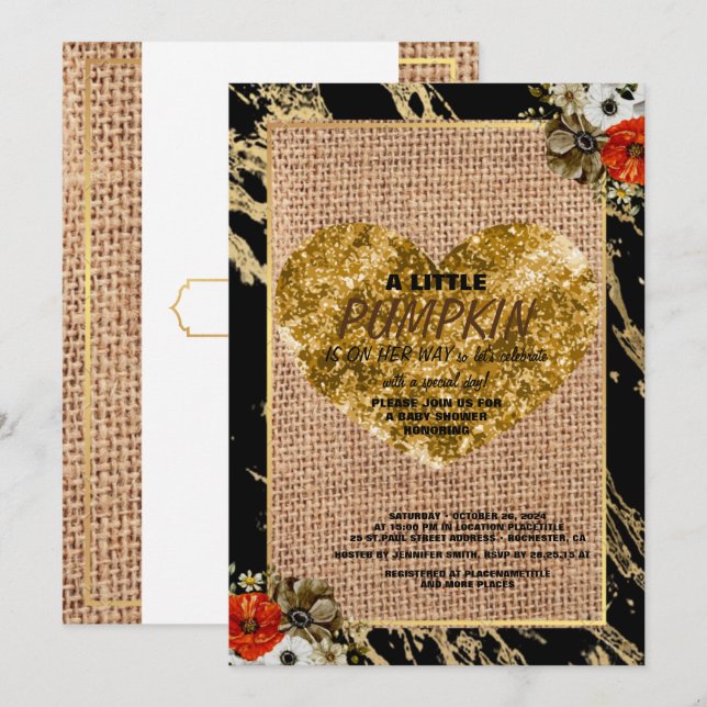 Flicka Bebis Dusj Höst Pumpa Rustik Jute Trä  Inbjudningar (Fram/baksida)