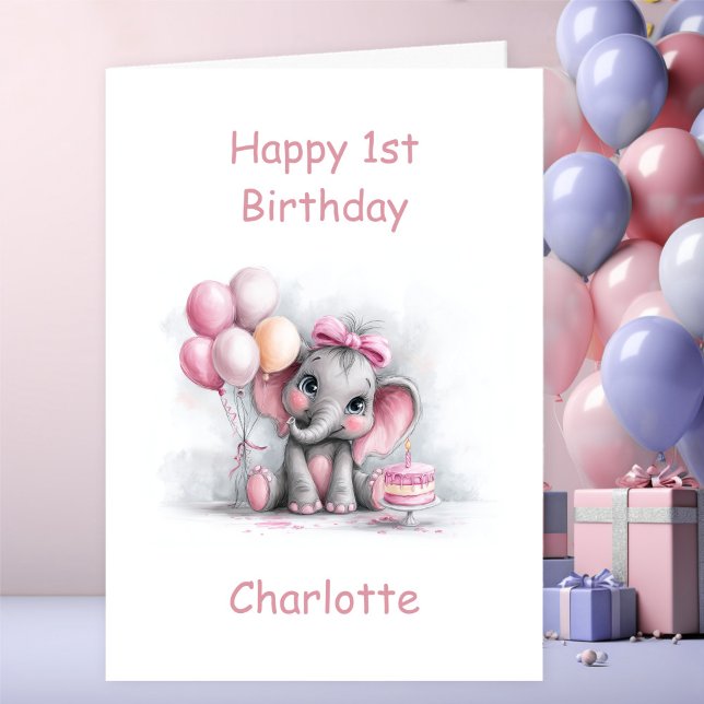 Flicka Bebis Elefant 1-årsdag Kort (Skapare uppladdad)