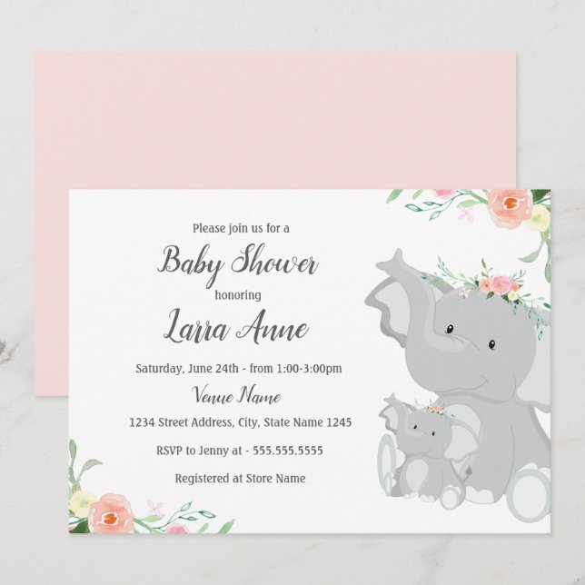 Flicka Bebis Elefant Baby Shower Inbjudan (Fram/baksida)