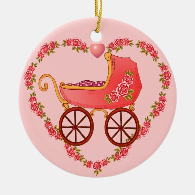 Flicka Bebis Hjärta Buggy prydnad  Julgransprydnad Keramik (Framsidan)