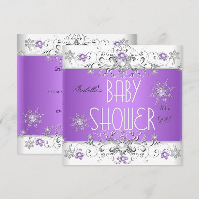 Flicka Bebis Shower Vinter Vackerhet Lila Vit 3 Inbjudningar (Fram/baksida)