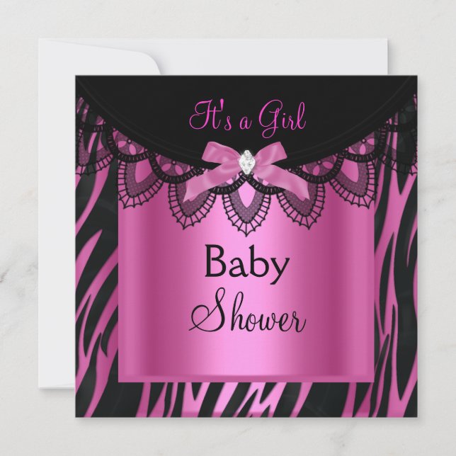Flicka Bebis Shower Zebra Hetrosa Svart Inbjudningar (Framsida)