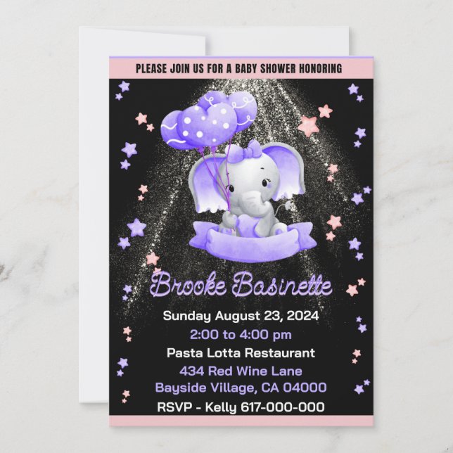 Flicka Bebisdopp Rosa Lila Silver Bebis Elefant Inbjudningar (Framsida)