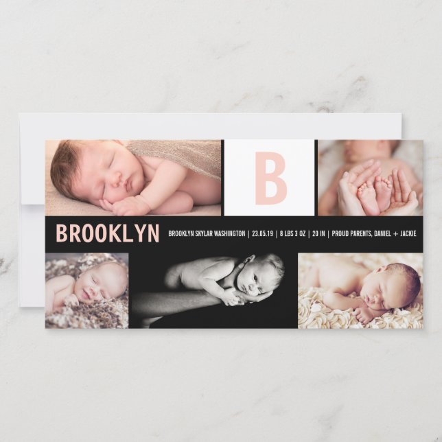 Flicka Big Rosa Initial 5 Photo Collage Birth Meddelande (Framsida)