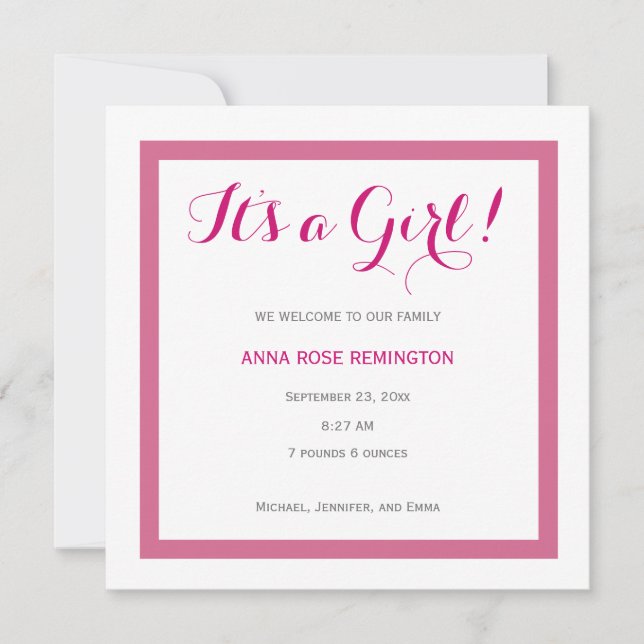 Flicka Birth Notice Classic Stil Rosa A2 Inbjudningar (Framsida)