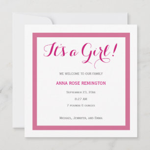 Flicka Birth Notice Classic Stil Rosa A2 Inbjudningar