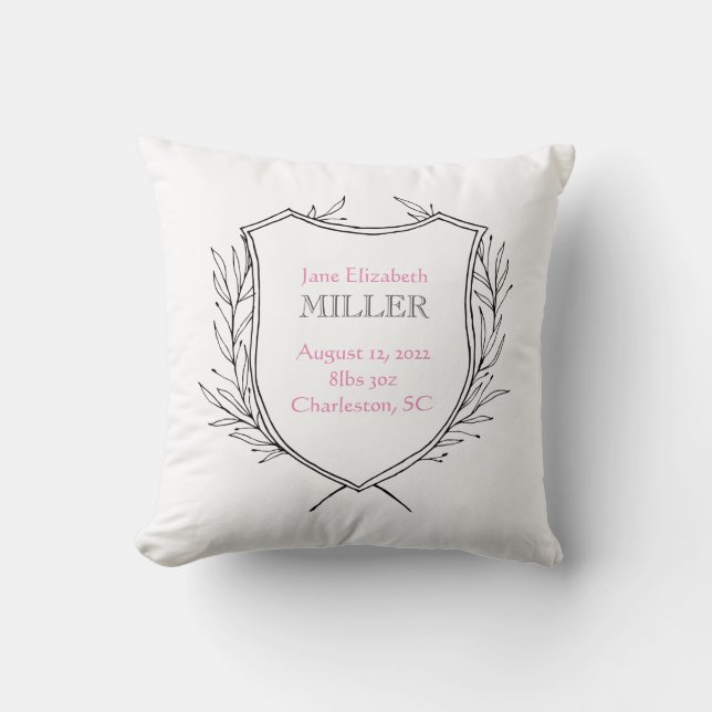 Flicka Birth Notification Nursery Decor Rosa Kudde (Framsida)