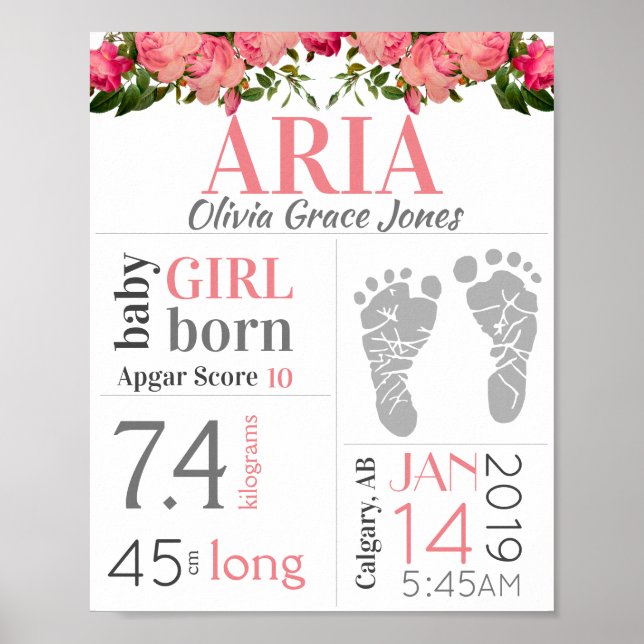 Flicka Birth Stat Sign Rosa Blommigt Footprint Poster (Framsidan)
