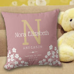 Flicka Birth Stats Flowers Monogram Nursery Kudde<br><div class="desc">Denna söta yngelkudde har en  bakgrund med accenter från guld och vitt och är perfekt för det nyfödda flicka. Utformningen ger anpassningsbar för ett monogram,  namn och födelsestatus och accentueras med vita blommor av daisy.</div>