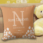 Flicka Birth Stats Flowers Monogram Nursery Kudde<br><div class="desc">Den här söta yngelkudden har en muterad bakgrund med ljusa orangar och vita accenter och är perfekt för det nyfödda flicka. Utformningen ger anpassningsbar för ett monogram,  namn och födelsestatus och accentueras med vita blommor av daisy.</div>
