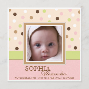 Flicka Birth Two Photos in Rosa + Brown Dots Meddelande