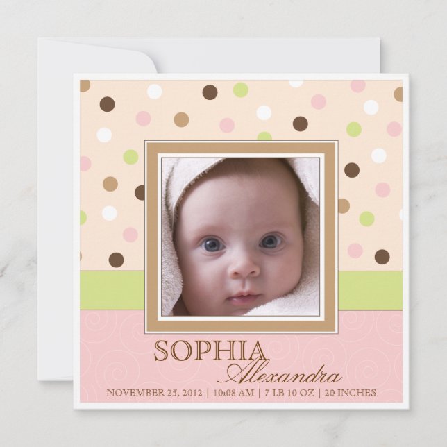 Flicka Birth Two Photos in Rosa + Brown Dots Meddelande (Framsida)