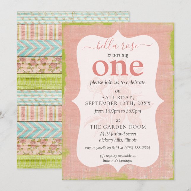 Flicka Birthday Shabby Ro Cottage Anpassningsbar A Inbjudningar (Fram/baksida)