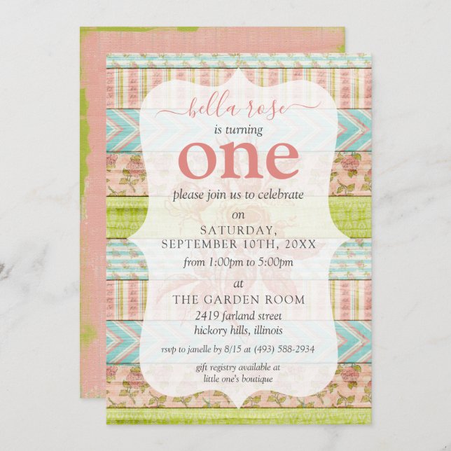 Flicka Birthday Shabby Ro Cottage Anpassningsbar A Inbjudningar (Fram/baksida)