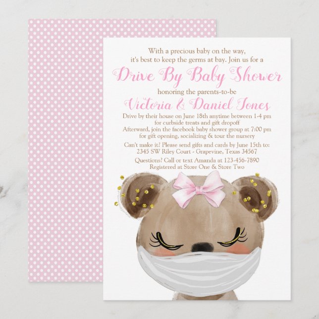 Flicka Björn med Mask Drive By Baby Shower Inbjudningar (Fram/baksida)
