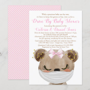 Flicka Björn med Mask Drive By Baby Shower Inbjudningar