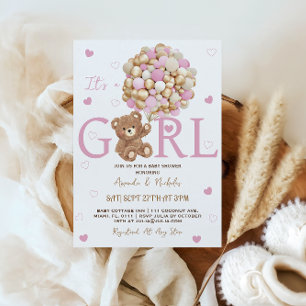 Flicka Björn Rosa Guld Ballonger Baby Shower Inbjudningar