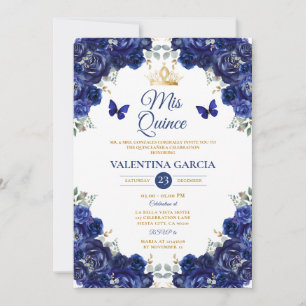 Flicka Blå Quinceañera 15 År Blommor Guld Krona Inbjudningar