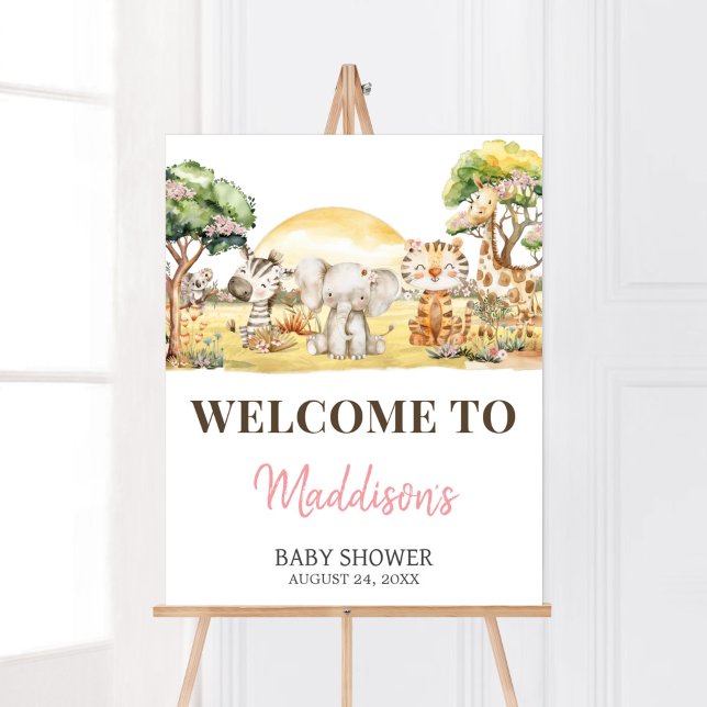 Flicka Blommig Djungel Safari Djur Välkomstskylt Poster (Girl Safari Animals Baby Shower Welcome Sign)
