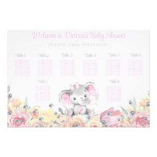 Flicka Blommig Elefant Baby Shower Sittplatskarta Fototryck