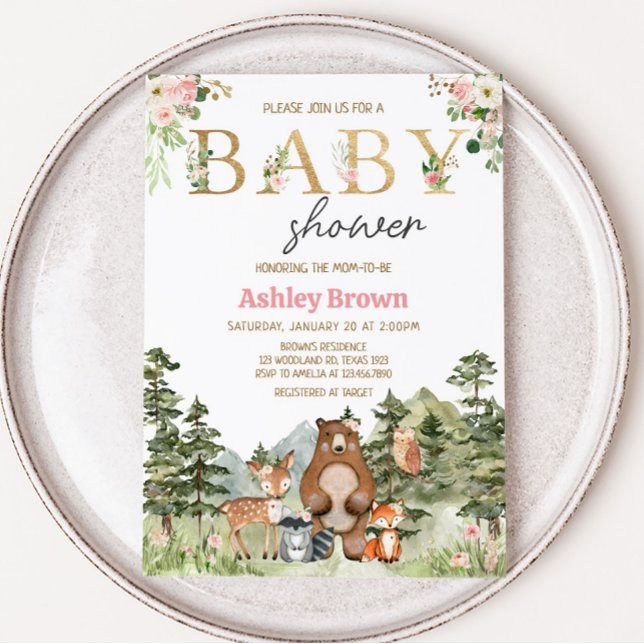 Flicka Blommig Skogs Djur Baby  Inbjudningar (Pink Floral Woodland Baby Shower Invitation)