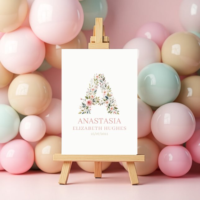 Flicka Blommigt Personlig Namn och födelsedag Poster (Baby Girl Floral Personalised Name and Birthdate Poster )