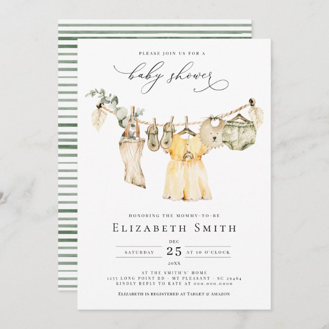 Flicka Boho Greenery Rustic Baby Shower Inbjudningar (Fram/baksida)