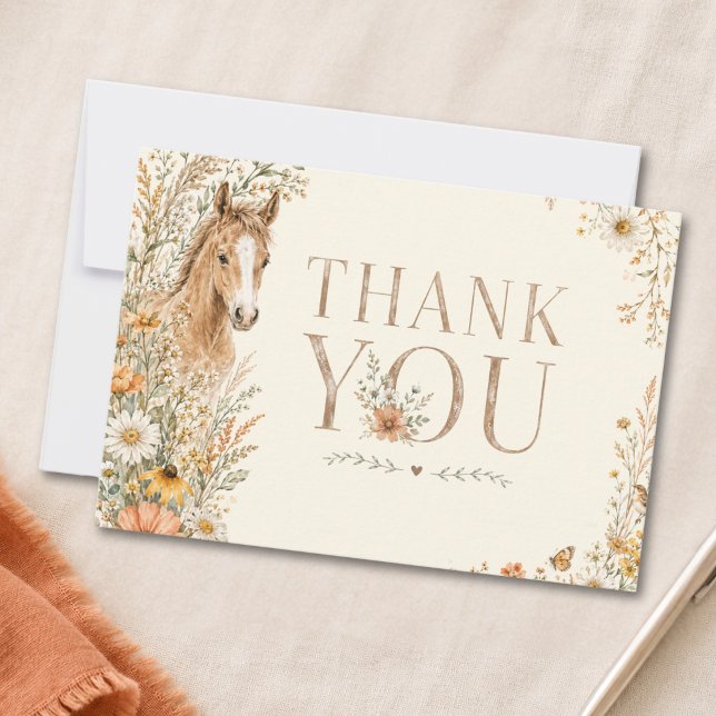 Flicka Boho Orange Vildblomma Häst Födelsedag Tack Kort (Skapare uppladdad)