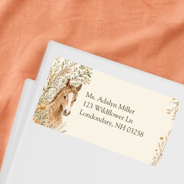 Flicka Boho Orange Vildblomma Häst Födelsedagsadre Adressetikett (Skapare uppladdad)