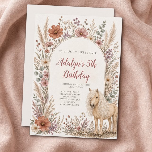 Flicka Boho Vildblomma Häst 5-årsdag Inbjudningar (Skapare uppladdad)