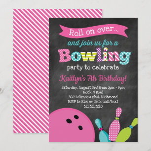 Flicka bowlingfödelsedagsfest - svart tavla inbjudningar