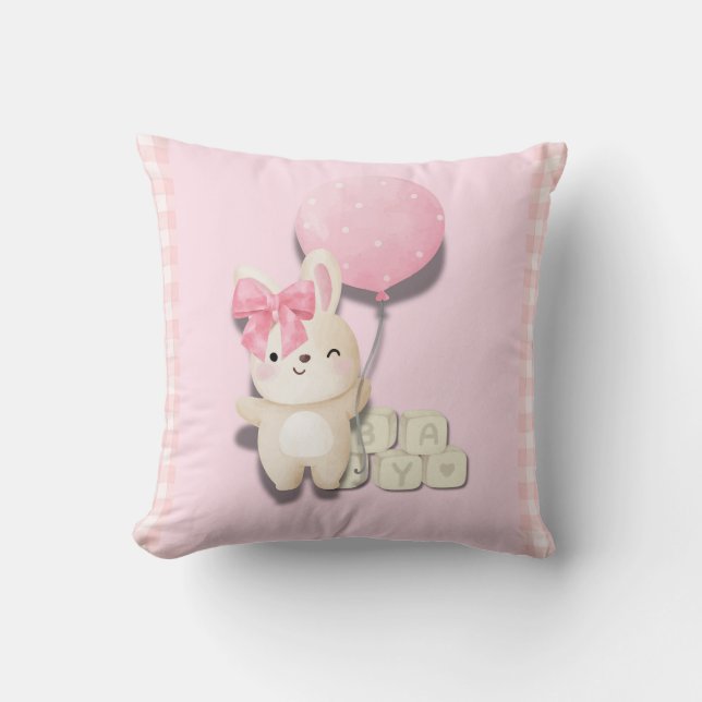 Flicka Bunny Nursery Print - Rosa Gingham Anim Kudde (Framsida)