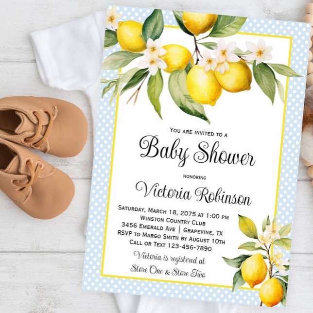 Flicka citron baby shower inbjudningar (Sweet baby blue lemon baby shower invitation. Instant download and printed invitations available.)