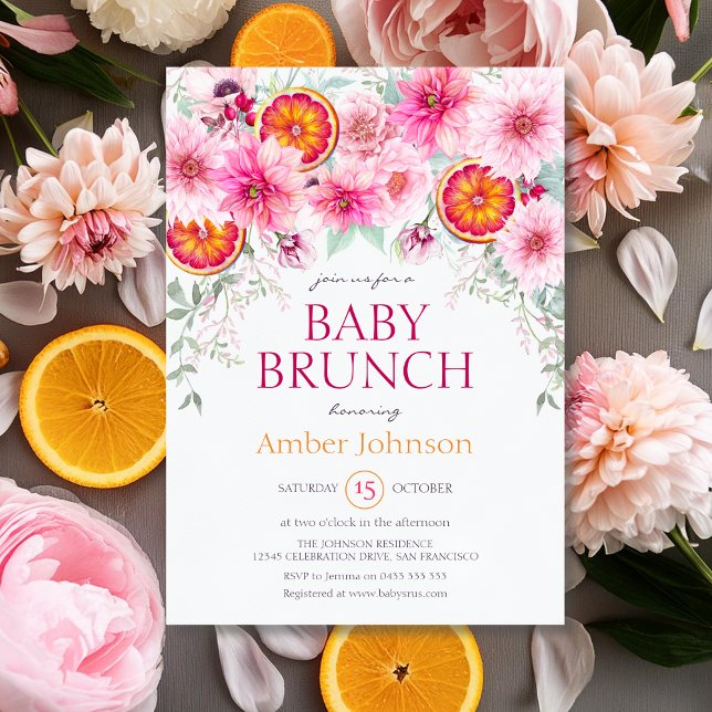 Flicka Citrus and Rosa Flowers Baby Shower Inbjudningar (Citrus and Pink Watercolor baby shower invitation)